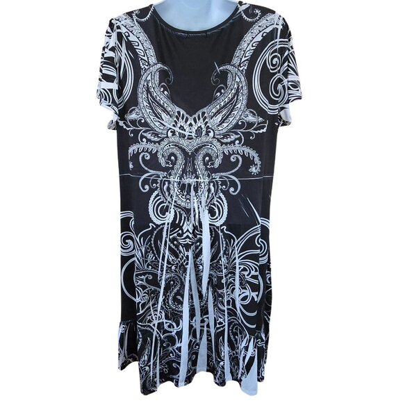 Black & White Swirl Dress With Intricate Butterfly Pattern & Rhinestone Accent - Picture 3 of 4